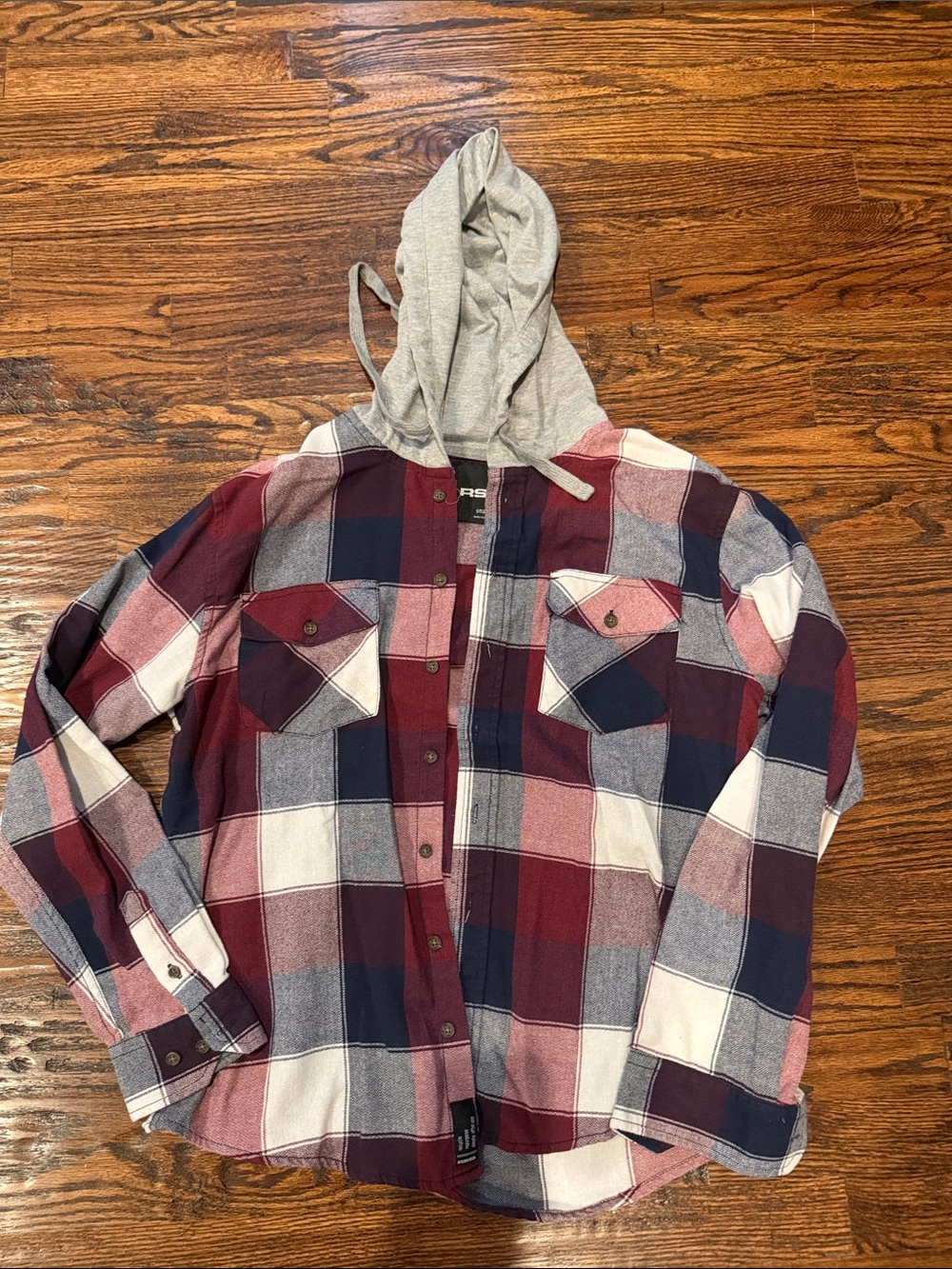 Plaid Hooded Flannel Shirt Jacket in Burgundy/Navy Men’s S